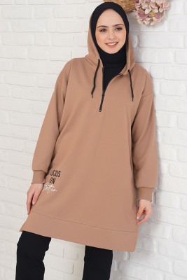 Yakası Fermuarlı Kapüşonlu Latte Tunik - Tunik