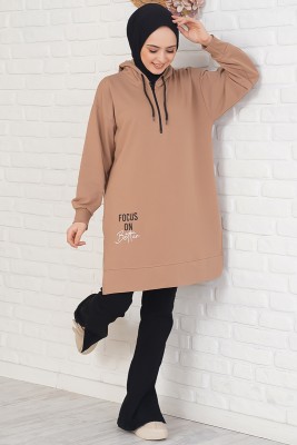 Yakası Fermuarlı Kapüşonlu Latte Tunik - Tunik