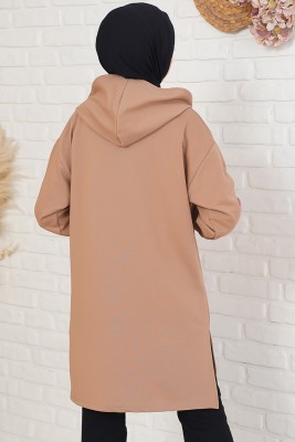 Yakası Fermuarlı Kapüşonlu Latte Tunik - Tunik