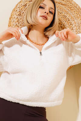Yakası Fermuarlı Peluş Sweatshirt Ekru 