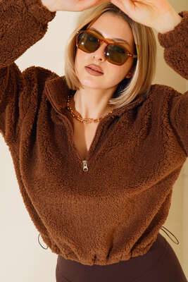 Yakası Fermuarlı Peluş Sweatshirt Kahve 