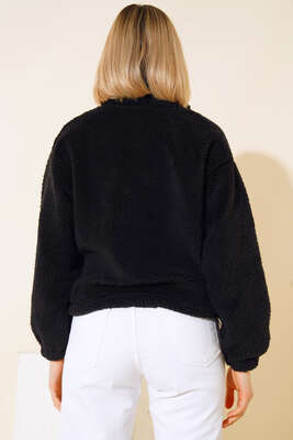 Yakası Fermuarlı Peluş Sweatshirt Siyah - Kadın Giyim Modelleri