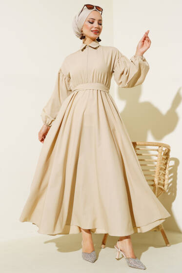 Yakası Fermuarlı Terikoton Elbise Bej - Elbise