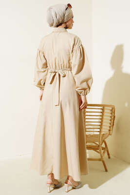 Yakası Fermuarlı Terikoton Elbise Bej - Tesettür Elbise
