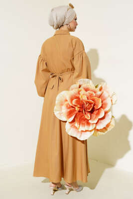 Yakası Fermuarlı Terikoton Elbise Camel - Tesettür Elbise