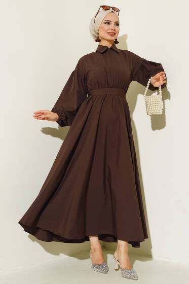 Yakası Fermuarlı Terikoton Elbise Kahve - Elbise