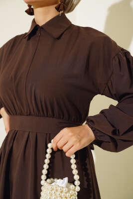 Yakası Fermuarlı Terikoton Elbise Kahve - Tesettür Elbise