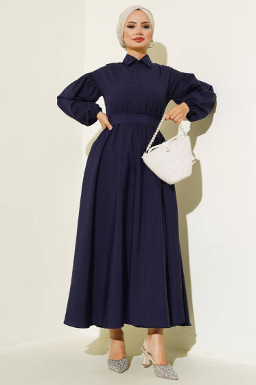 Yakası Fermuarlı Terikoton Elbise Lacivert - Elbise