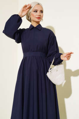 Yakası Fermuarlı Terikoton Elbise Lacivert - Tesettür Elbise