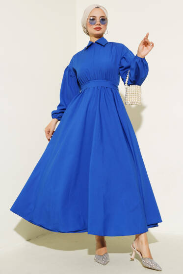 Yakası Fermuarlı Terikoton Elbise Saks - Elbise