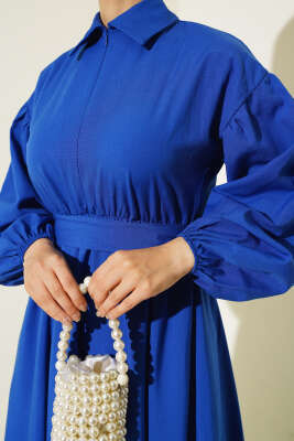 Yakası Fermuarlı Terikoton Elbise Saks - Tesettür Elbise