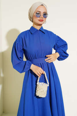 Yakası Fermuarlı Terikoton Elbise Saks - Tesettür Elbise