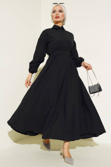 Yakası Fermuarlı Terikoton Elbise Siyah - Elbise