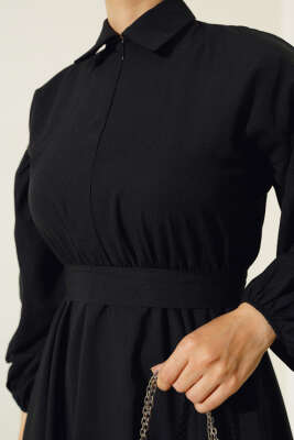 Yakası Fermuarlı Terikoton Elbise Siyah - Tesettür Elbise