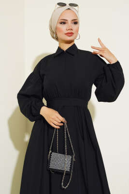Yakası Fermuarlı Terikoton Elbise Siyah - Tesettür Elbise