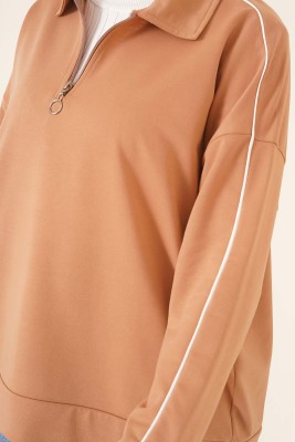 Yakası Fermuarlı Tunik Camel - Tunik