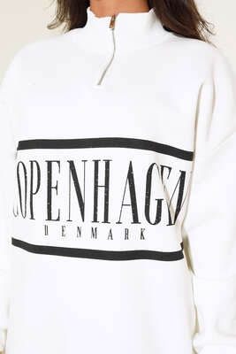 Yakası Fermuarlı Üç İplik Sweatshirt Ekru - Kadın Giyim Modelleri