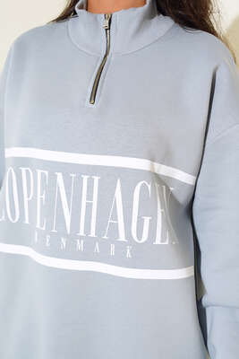 Yakası Fermuarlı Üç İplik Sweatshirt Gri - Kadın Giyim Modelleri