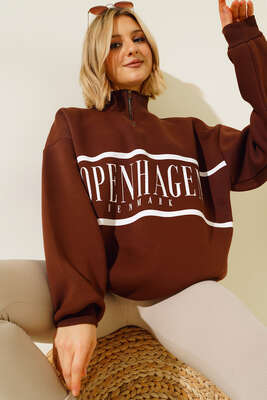 Yakası Fermuarlı Üç İplik Sweatshirt Kahve 
