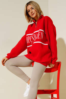 Yakası Fermuarlı Üç İplik Sweatshirt Kırmızı - Kadın Giyim Modelleri