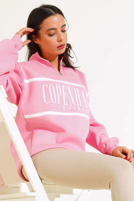 Yakası Fermuarlı Üç İplik Sweatshirt Pembe - Kadın Giyim Modelleri