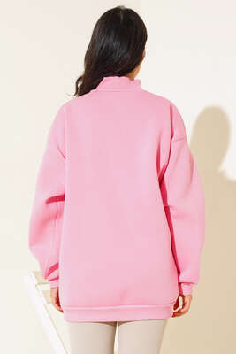 Yakası Fermuarlı Üç İplik Sweatshirt Pembe - Kadın Giyim Modelleri