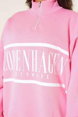 Yakası Fermuarlı Üç İplik Sweatshirt Pembe - Kadın Giyim Modelleri