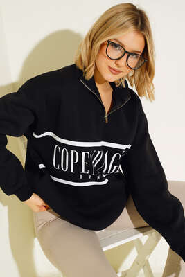 Yakası Fermuarlı Üç İplik Sweatshirt Siyah 
