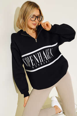 Yakası Fermuarlı Üç İplik Sweatshirt Siyah - Kadın Giyim Modelleri