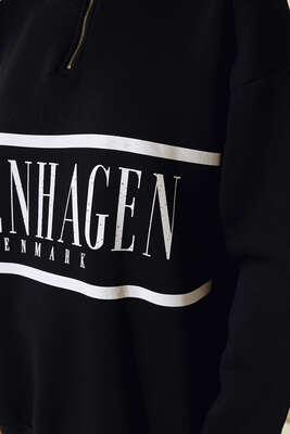 Yakası Fermuarlı Üç İplik Sweatshirt Siyah - Kadın Giyim Modelleri