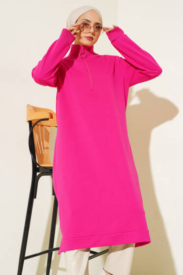 Yakası Fermuarlı Uzun Sweat Fuşya - Tunik