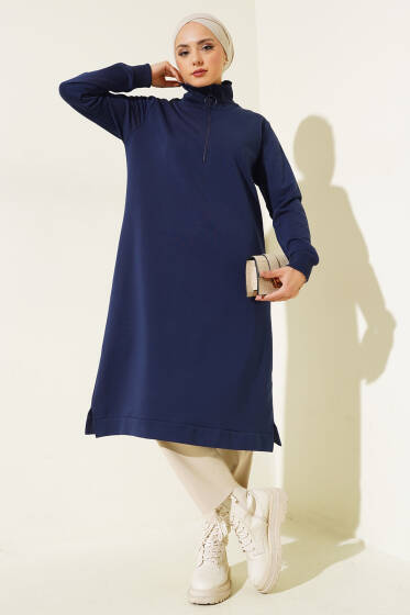Yakası Fermuarlı Uzun Sweat Lacivert - Tunik