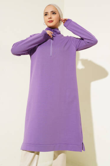 Yakası Fermuarlı Uzun Sweat Lila - Tunik