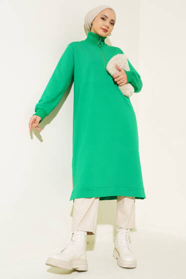 Yakası Fermuarlı Uzun Sweat Yeşil - Tunik