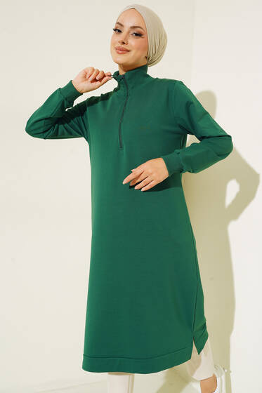 Yakası Fermuarlı Uzun Sweat Zümrüt Yeşili - Tunik