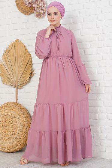 Yakası Fırfırlı Bağlamalı Gül Kurusu Şifon Elbise - Tesettür Elbise