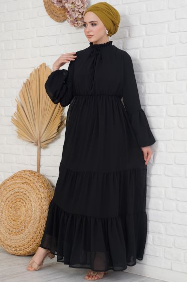 Yakası Fırfırlı Bağlamalı Siyah Şifon Elbise - Tesettür Elbise