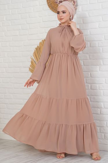 Yakası Fırfırlı Bağlamalı Vizon Şifon Elbise - Tesettür Elbise