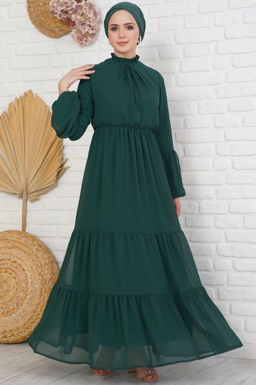 Yakası Fırfırlı Bağlamalı Zümrüt Yeşil Şifon Elbise - Tesettür Elbise