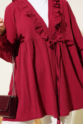 Yakası Fırfırlı Bürümcük Kimono Bordo - Dış Giyim&Mont