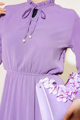 Yakası Fırfırlı Elbise Lila - Thumbnail