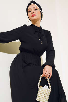Yakası Fırfırlı Elbise Siyah - Thumbnail