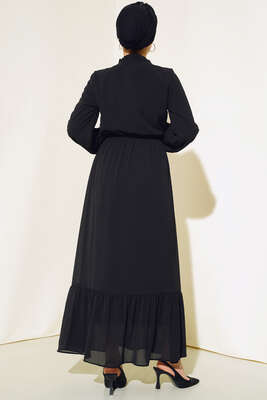 Yakası Fırfırlı Elbise Siyah - Thumbnail