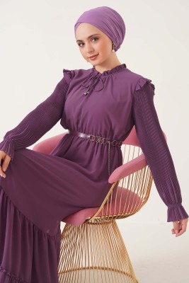 Yakası Fırfırlı Kolu Piliseli Şifon Elbise Magenta - Thumbnail