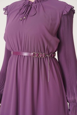 Yakası Fırfırlı Kolu Piliseli Şifon Elbise Magenta - Thumbnail