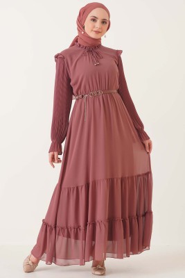 Yakası Fırfırlı Kolu Piliseli Şifon Elbise Soğan Kabuğu - Thumbnail