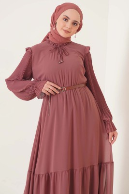 Yakası Fırfırlı Kolu Piliseli Şifon Elbise Soğan Kabuğu - Thumbnail
