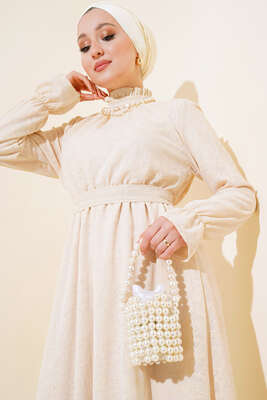 Yakası Fırfırlı Kuşaklı Elbise Bej - Thumbnail