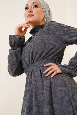 Yakası Fırfırlı Kuşaklı Elbise Füme - Thumbnail