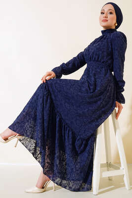 Yakası Fırfırlı Kuşaklı Elbise Lacivert - Thumbnail